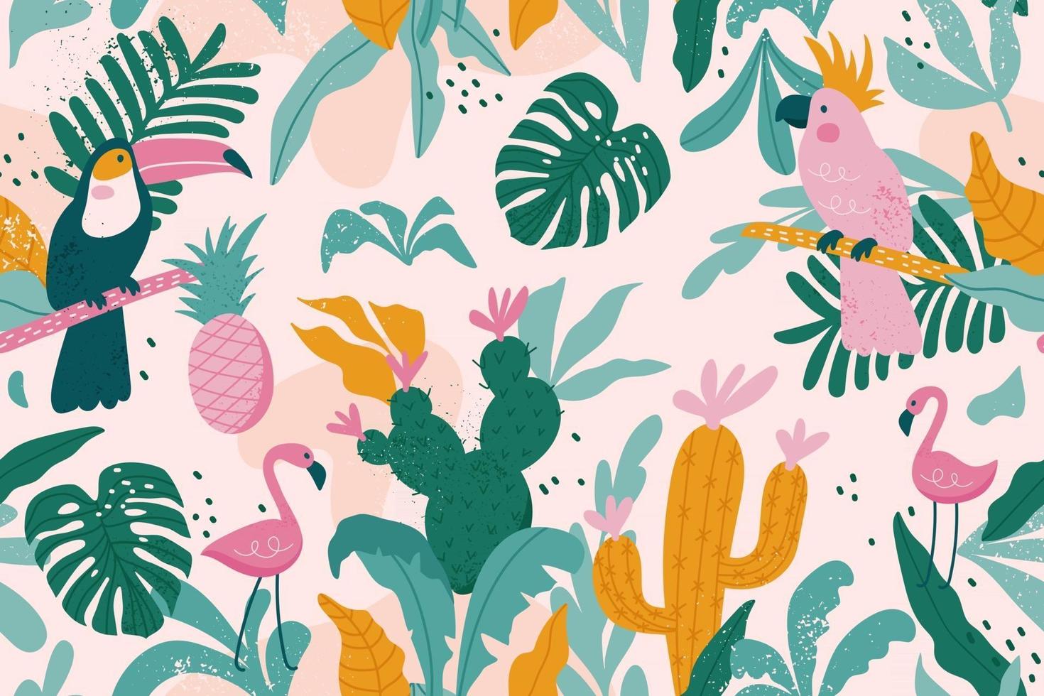 tropiskt sömlöst mönster med tukan, flamingor, papegoja, kaktusar vektor
