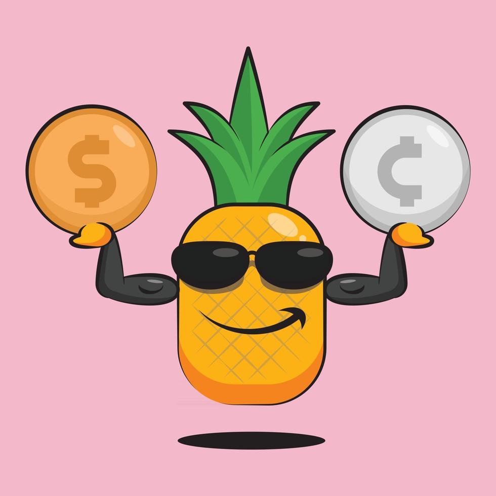 Cooler Ananas-Cartoon hält zwei Münzen an Händen vektor