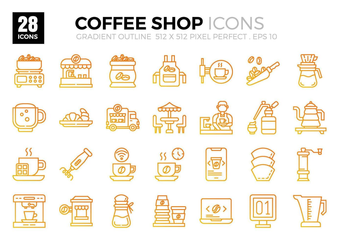 Kaffee Geschäft Gradient Gliederung Symbole. das Sammlung beinhaltet Symbole von verschiedene Aspekte verbunden zu Kaffee Geschäfte, reichen von Geschäft und Entwicklung zu Programmierung, Netz Design, App Design und usw. vektor