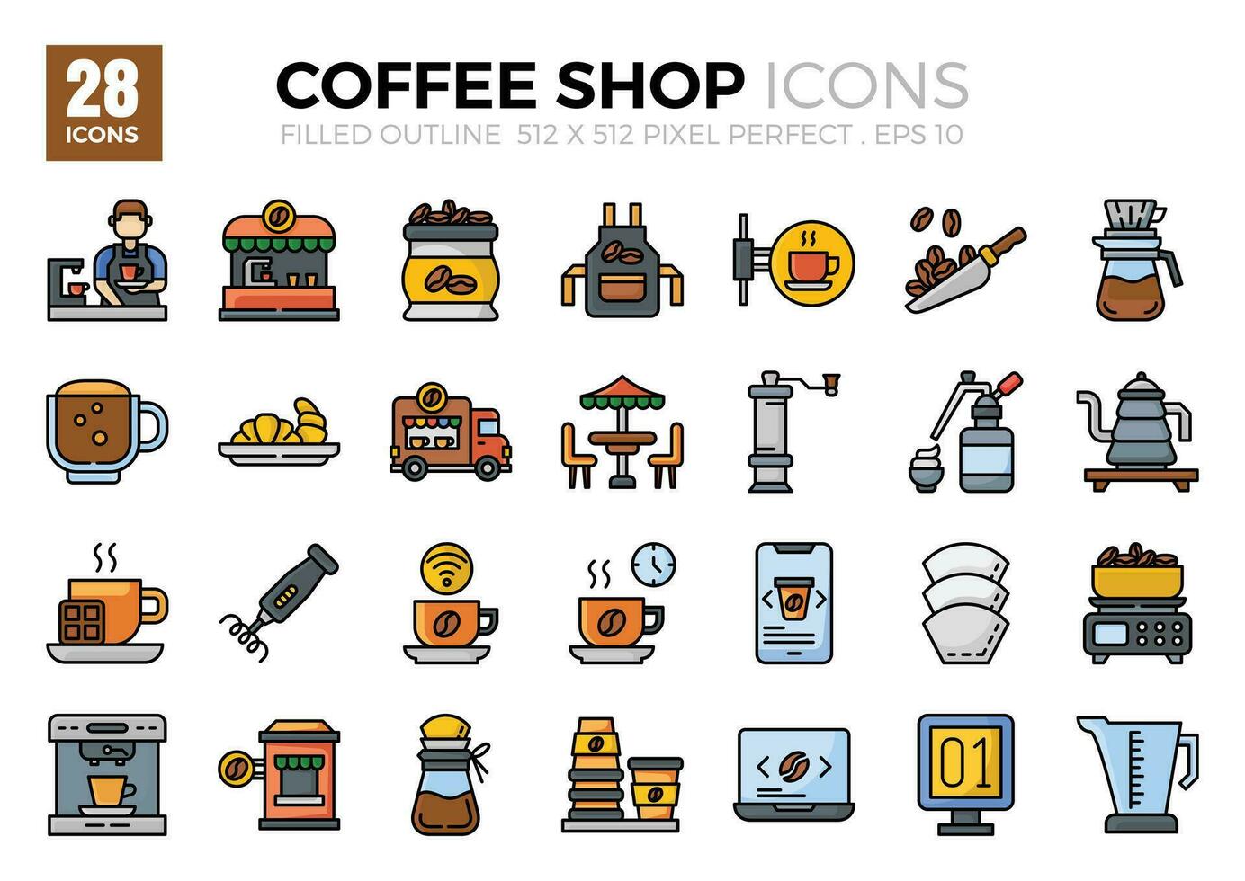 Kaffee Geschäft gefüllt Gliederung Symbole. das Sammlung beinhaltet Symbole von verschiedene Aspekte verbunden zu Kaffee Geschäfte, reichen von Geschäft und Entwicklung zu Programmierung, Netz Design, App Design und usw. vektor