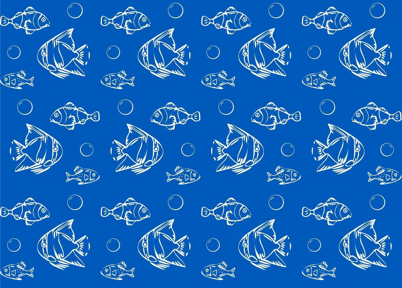 vektor sömlösa mönster akvariefiskar, vita konturer fiskar på blå