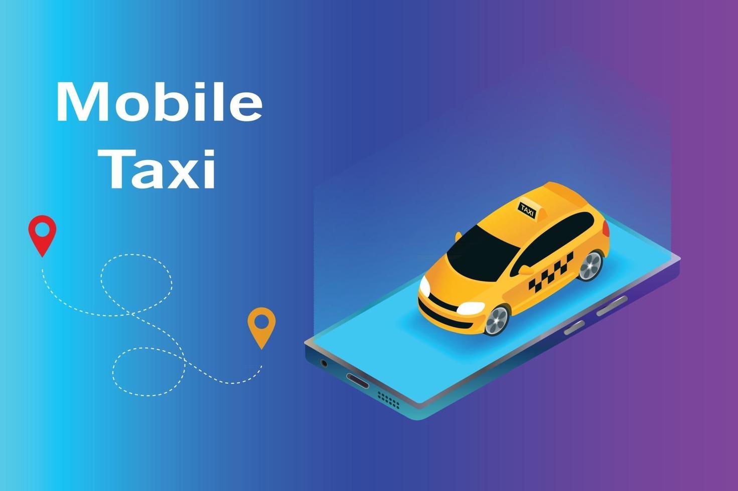 isometrische Vektormobilillustration, Taxi-Smartphone-Anwendung, Taxi auf dem Smartphone, mobile Taxi-App vektor