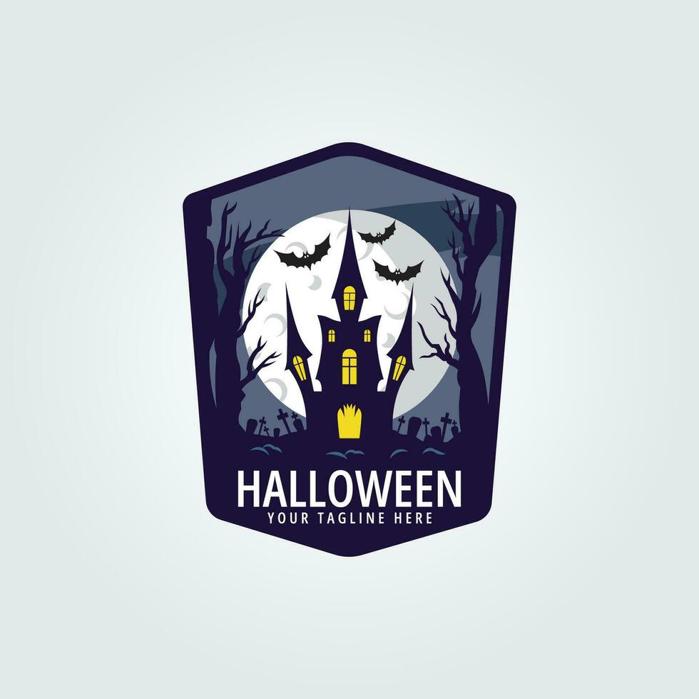 halloween logotyp ikon design inspiration med fladdermus, träd, slott och måne vektor illustration