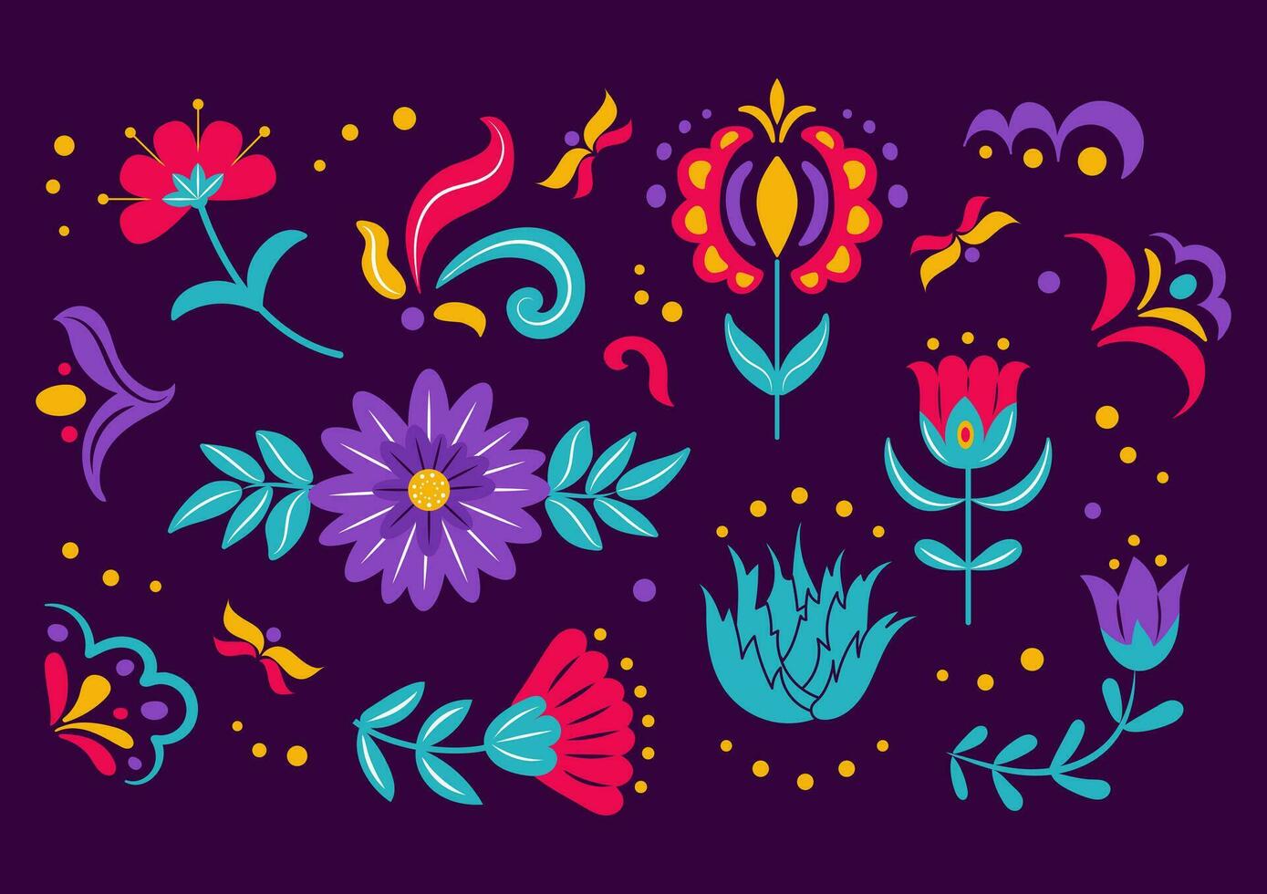 tecknad serie mexikansk eller slavic folk blommor uppsättning, färgrik knoppar och löv, design element för dag av de död- dia de los muertos eller cinco de mayo festival blommig design. latinamerikan arv månad. vektor