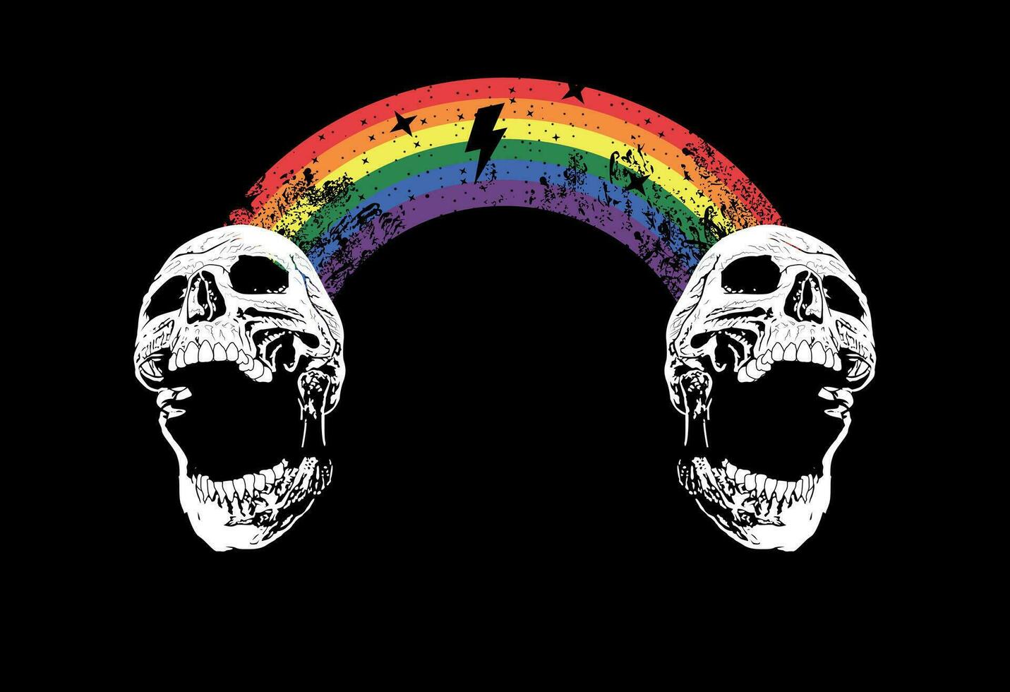 T-Shirt Design von zwei Schädel trat bei durch ein Regenbogen. Vektor Illustration zum Fröhlich Stolz Tag.