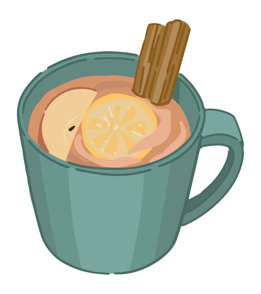 klotter av kopp av te. dryck med kanel, citron- och äpple. kall säsong dryck ClipArt isolerat på vit bakgrund. vektor illustration i tecknad serie stil.
