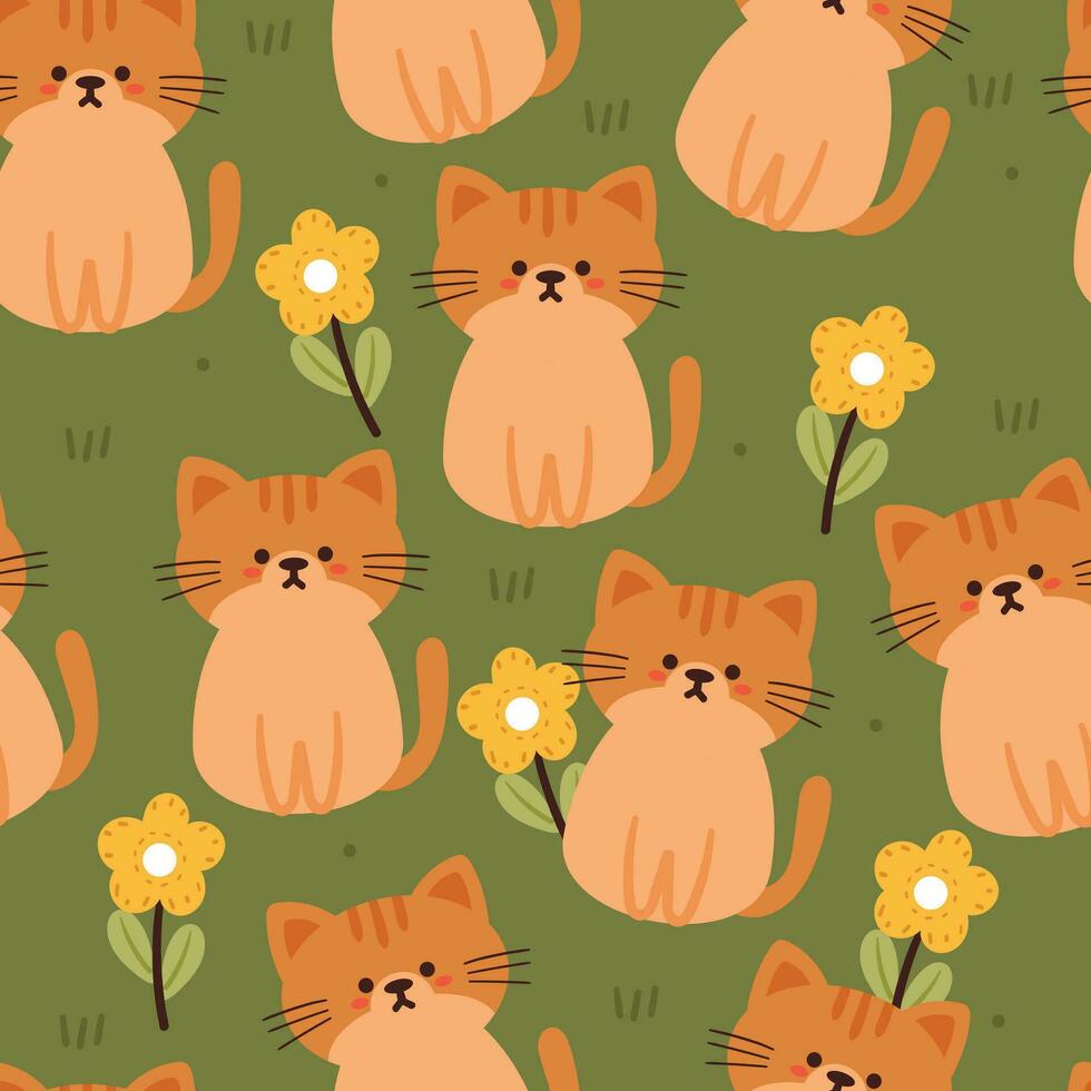 sömlös mönster tecknad serie katt och blomma. söt djur- tapet för textil, gåva slå in papper vektor