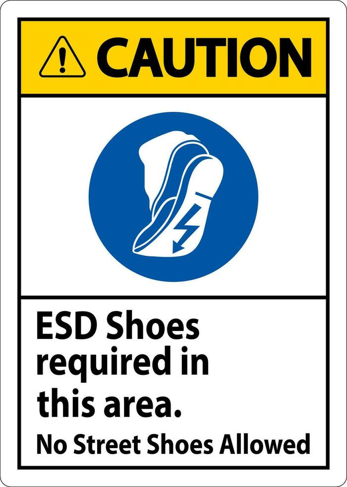 Vorsicht Zeichen esd Schuhe erforderlich im diese Bereich. Nein Straße Schuhe erlaubt vektor