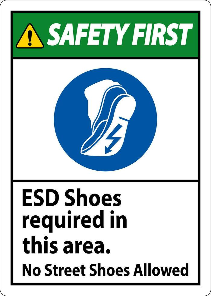 Sicherheit zuerst Zeichen esd Schuhe erforderlich im diese Bereich. Nein Straße Schuhe erlaubt vektor
