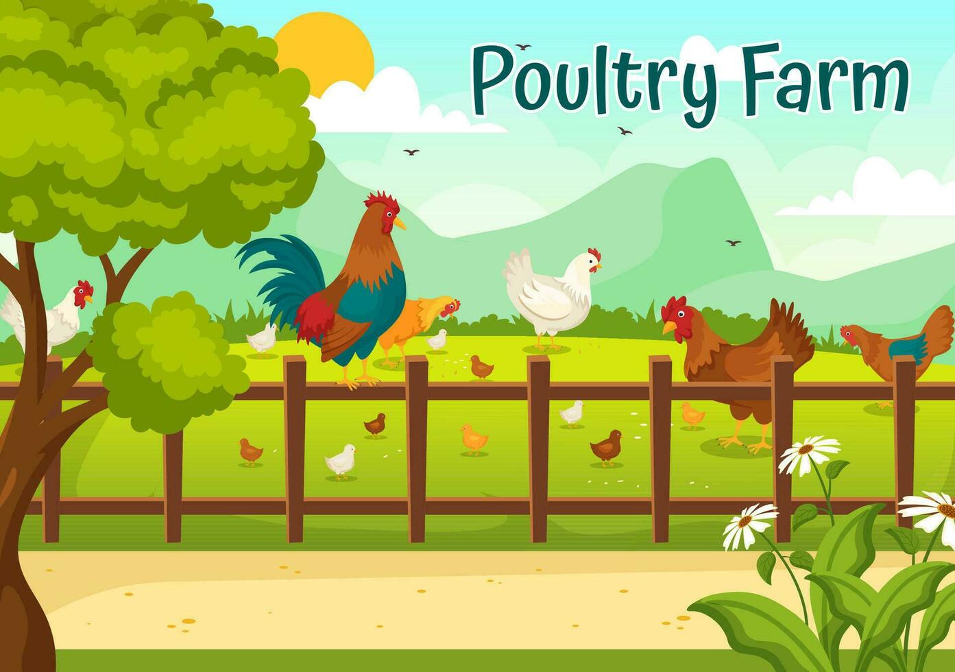 Geflügel Bauernhof Vektor Illustration mit Hühner, Hähne, Stroh, Käfig und Ei auf Landschaft von Grün Feld Hintergrund im eben Karikatur Design