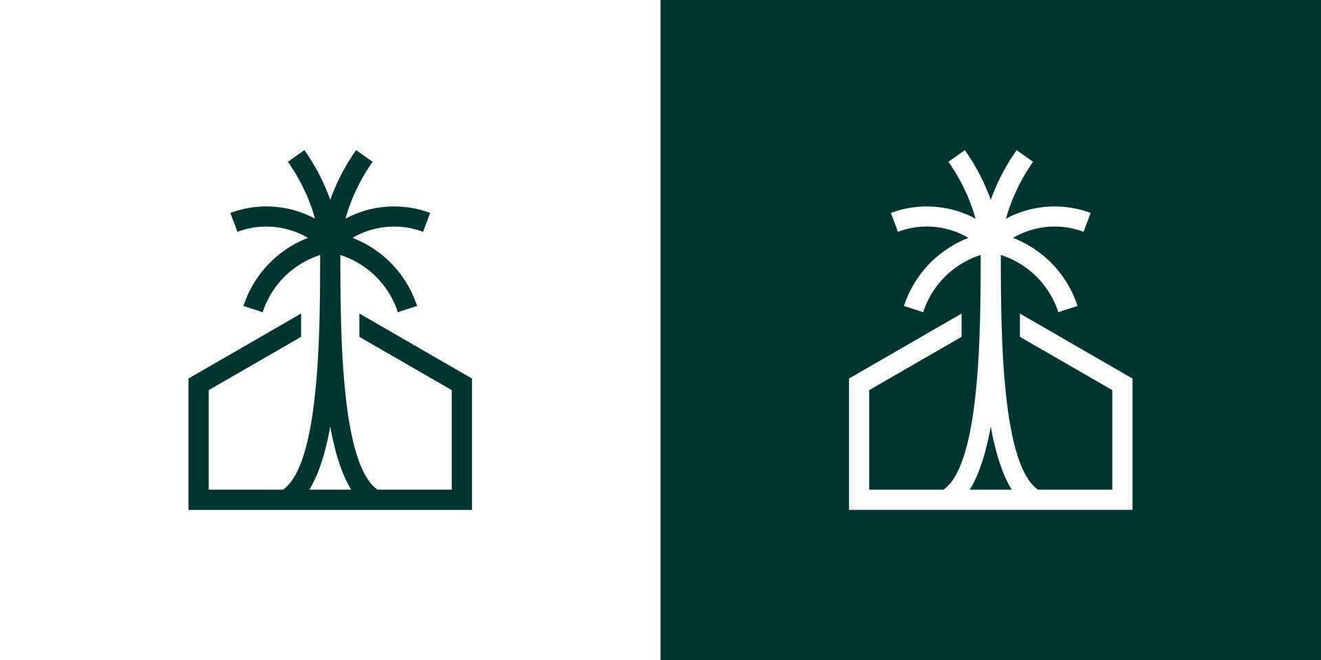 logotyp design kombinerande en hus byggnad med handflatan träd. vektor