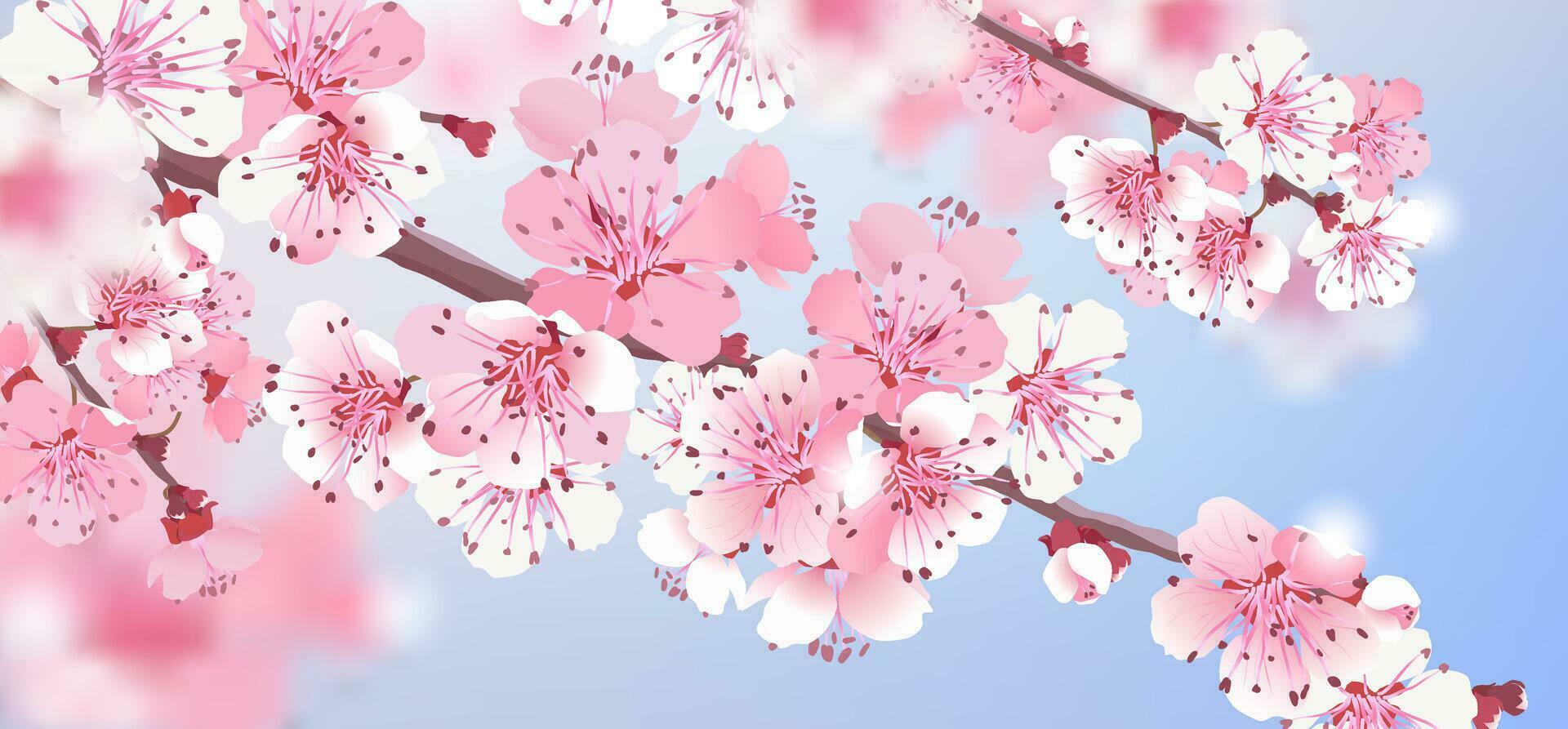 sommar landskap vektor illustration. årgång realistisk inbjudan mall med rosa sakura. blommig hälsning kort. skön skriva ut med blomstrande mörk och ljus körsbär blommor på blå himmel.
