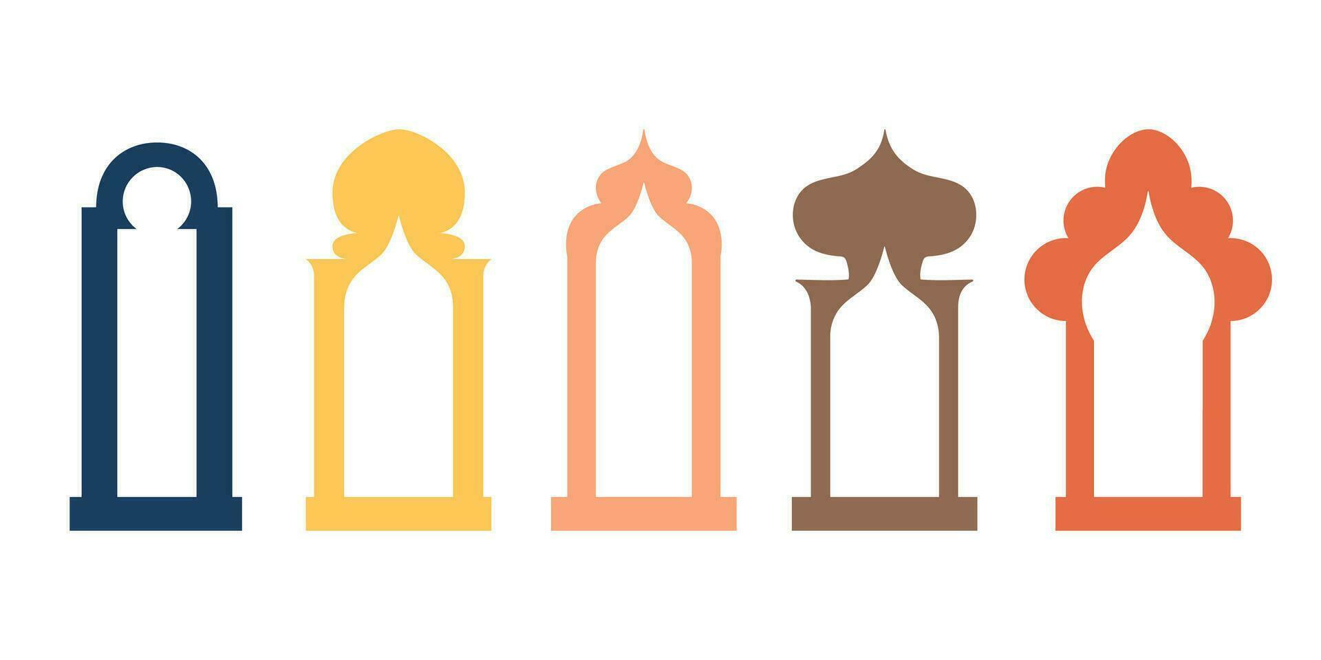 samling av arab orientalisk fönster, valv, spegel, dörr modern design för ramar, mönster, bakgrunder. moské kupol och lyktor islamic ramadan kareem och eid mubarak stil. vektor illustration