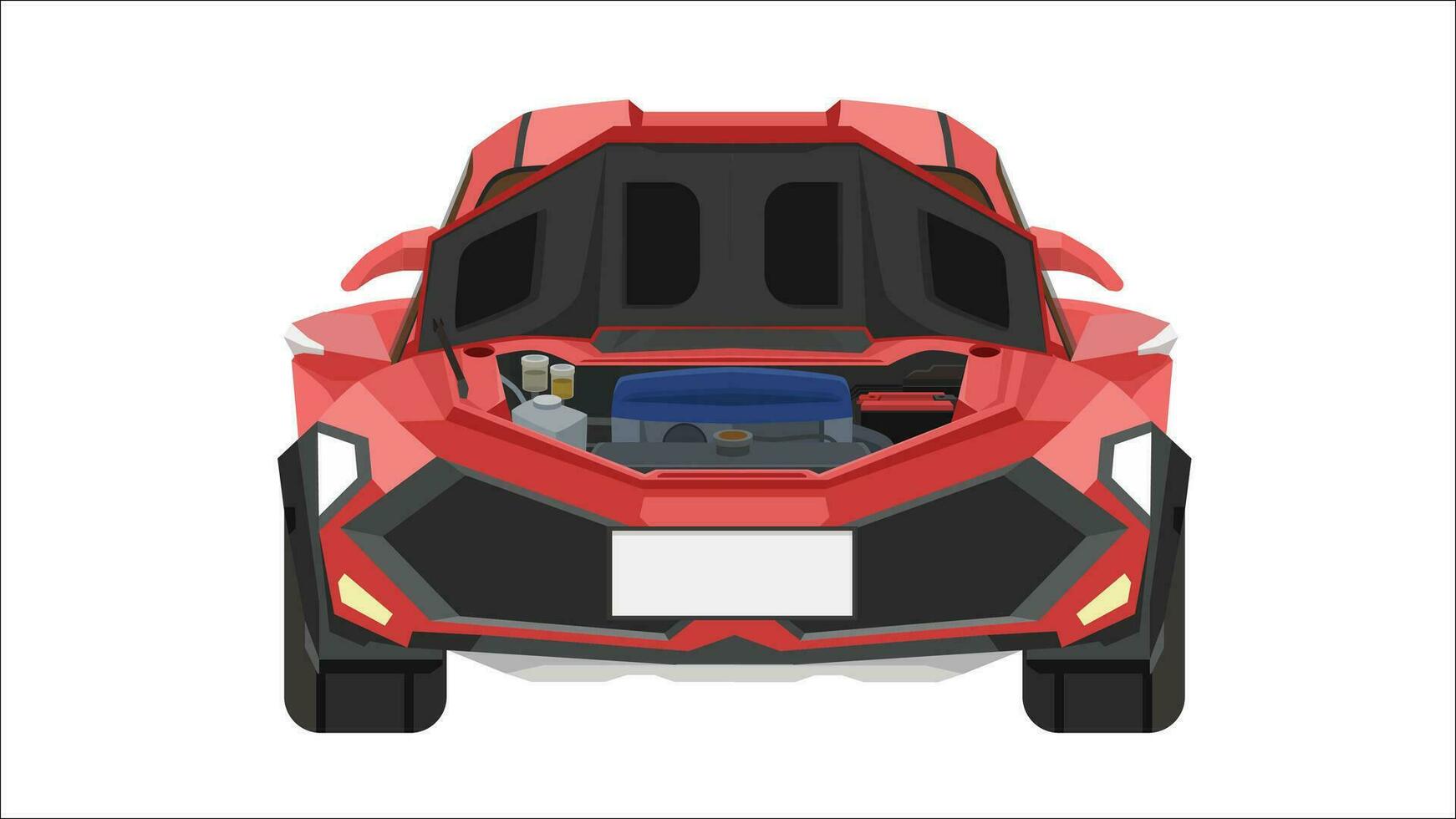 vektor eller illustratör främre se av bil. sport bil röd Färg. separerande de främre och interiör skikten av de bil. huva öppen kan ser motor. isolerat vit bakgrund.