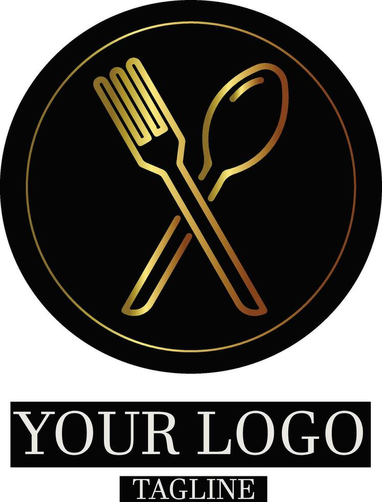 äta eller mat logotyp design sked och gaffel med tallrik. svart och guld vektor
