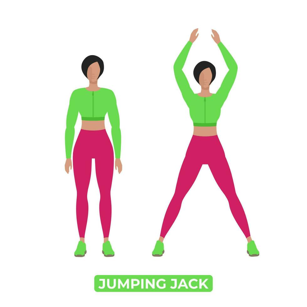 Vektor Frau tun Springen Jack. Körpergewicht Fitness Cardio trainieren Übung. ein lehrreich Illustration auf ein Weiß Hintergrund.