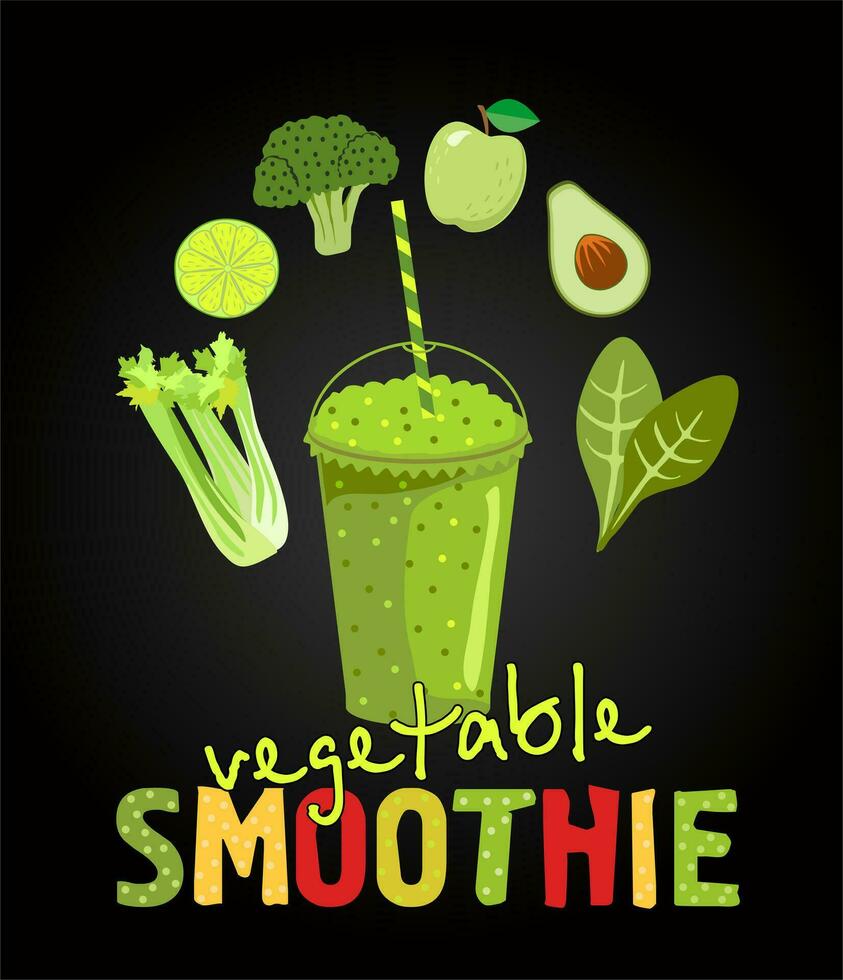 gesund natürlich Essen Grün Smoothie im Glas. modern Qualität Illustration von Gemüse Zutaten. Entgiftung Smoothie. Smoothies und Gemüse von welche es ist gemacht. zum Speisekarte zum gesund Essen. vektor