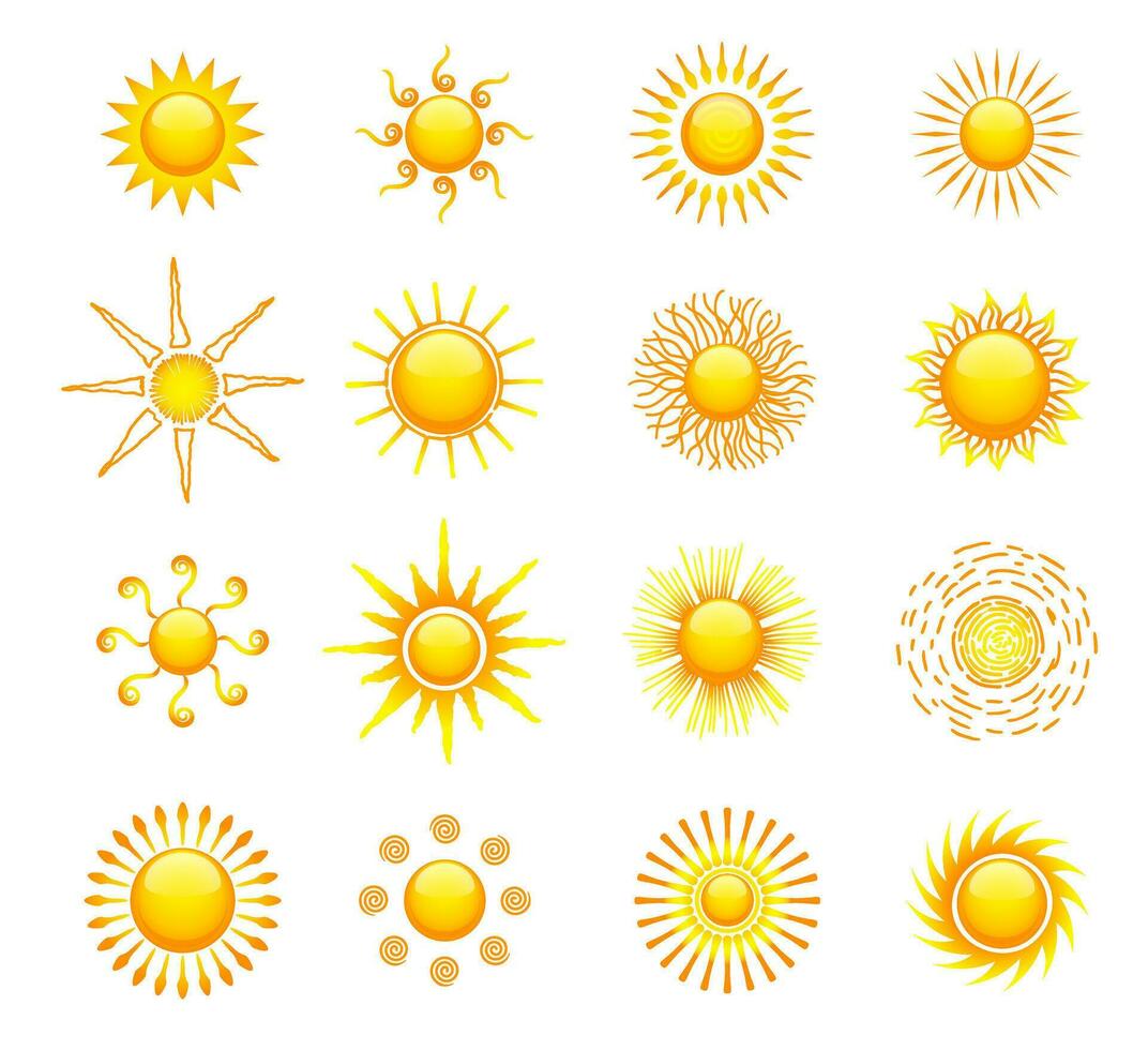 Sol ikoner vektor symbol uppsättning. samling av Sol stjärnor för använda sig av i som logotyp eller väder ikon. sommar symbol. olika ikoner med strålar. vektor illustration