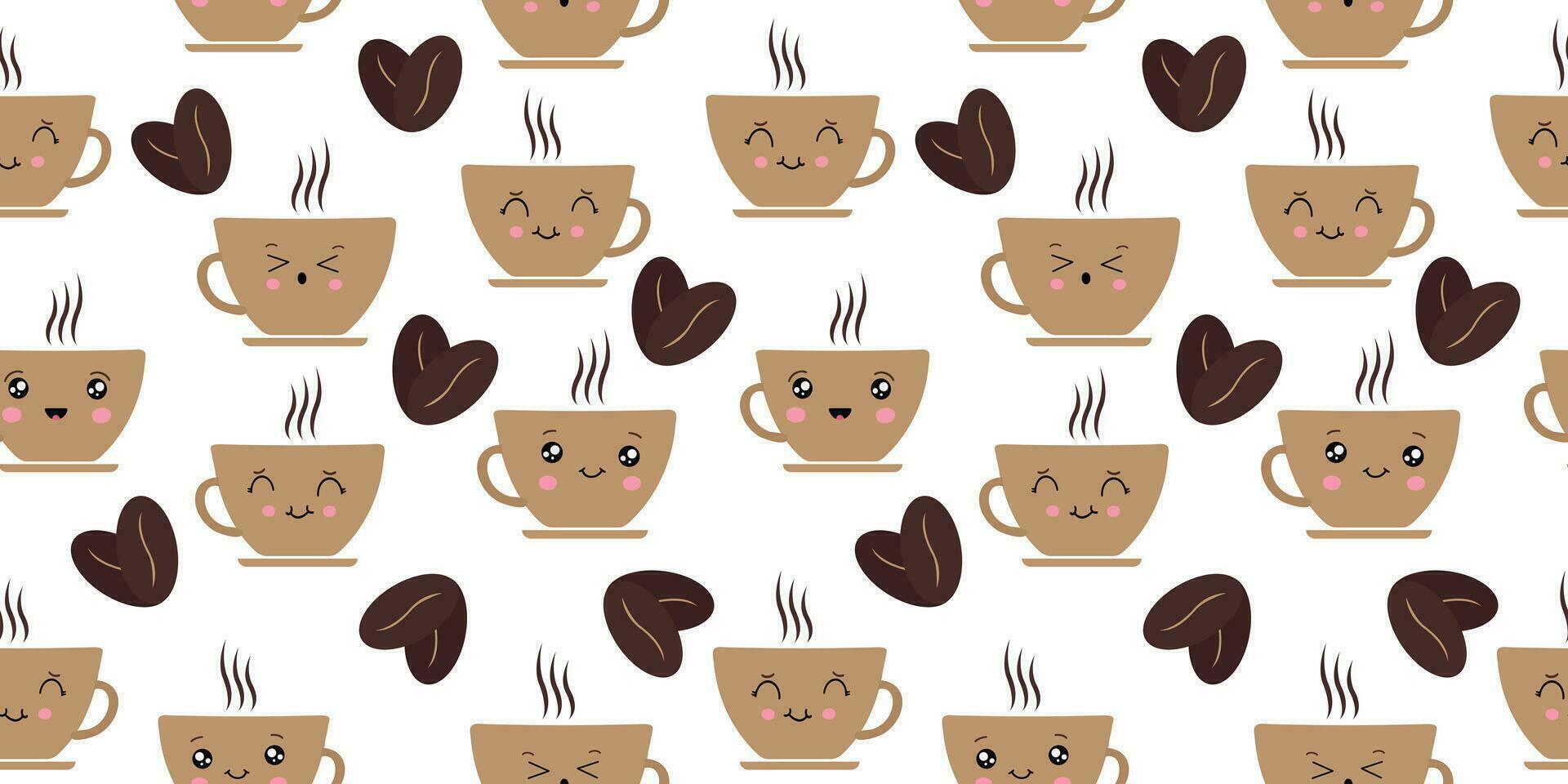 söt sömlös vektor mönster i söt stil med espresso kopp och kaffe bönor. härlig repeterbar leende kaffe kopp skriva ut, perfekt för omslag papper, tyg, textilier. vektor. vektor illustration