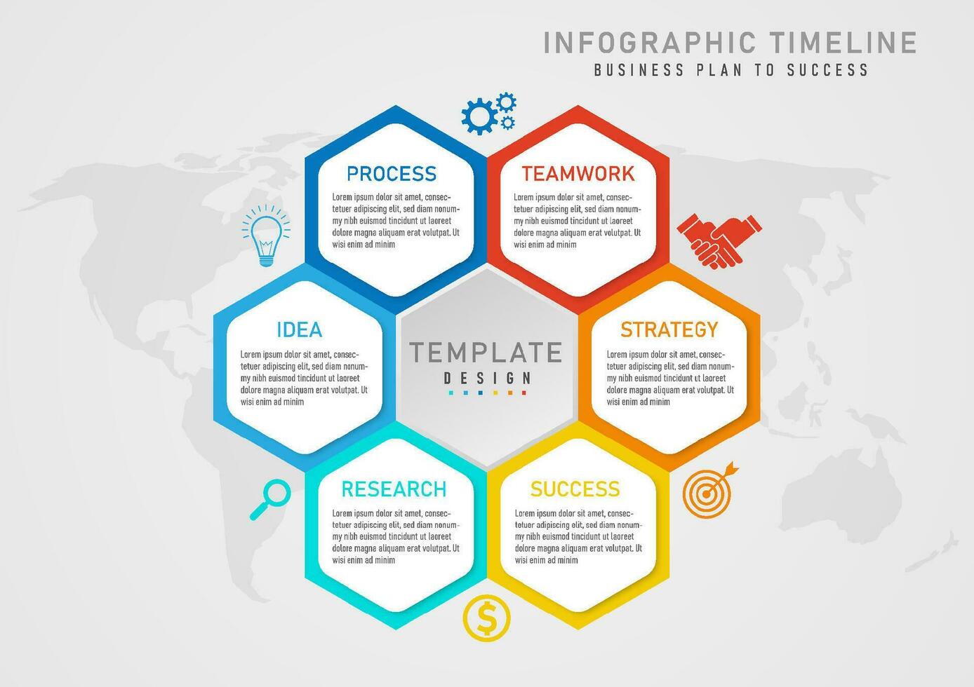 6 steg företag planera infographic till Framgång mång färgad hexagoner Centrum text på en vit bakgrund, Centrum hexagonal knapp med brev de ikoner är runt om en grå lutning bakgrund. vektor