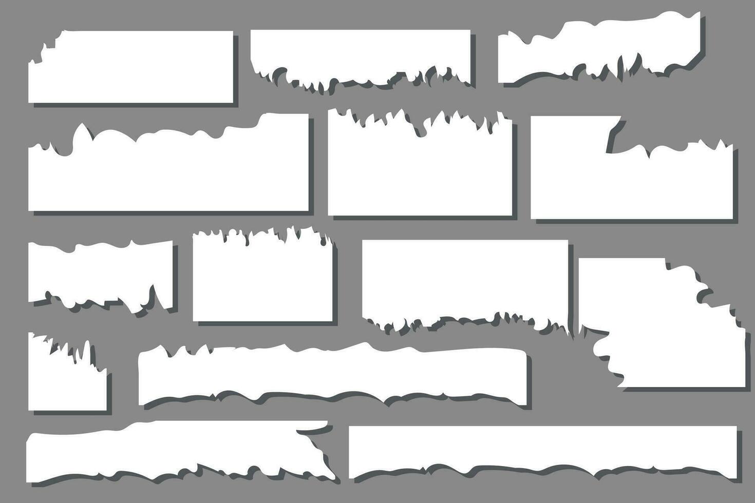 bitar av trasig vit notera papper annorlunda former isolerat på grå bakgrund realistisk vektor illustration, anteckningsblock trasig papper för meddelande notera, sida eller baner och kartong tom rev bit remsor