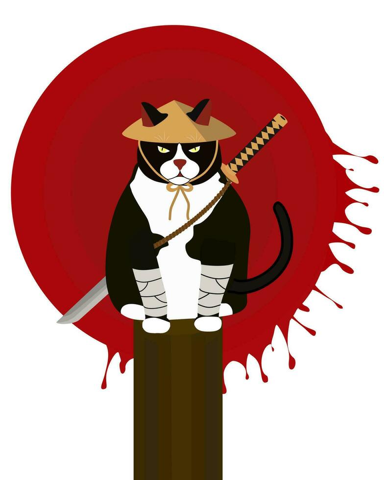 vektor illustration grafisk av samuraj smoking katt med blod Sol som de bakgrund, och katana svärd på hans tillbaka