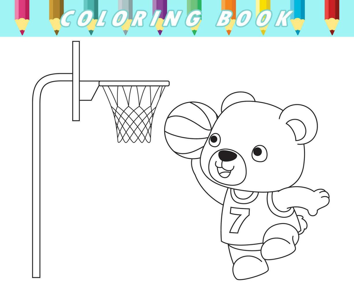 färg bok av söt Björn spelar basketboll. vektor tecknad serie illustration