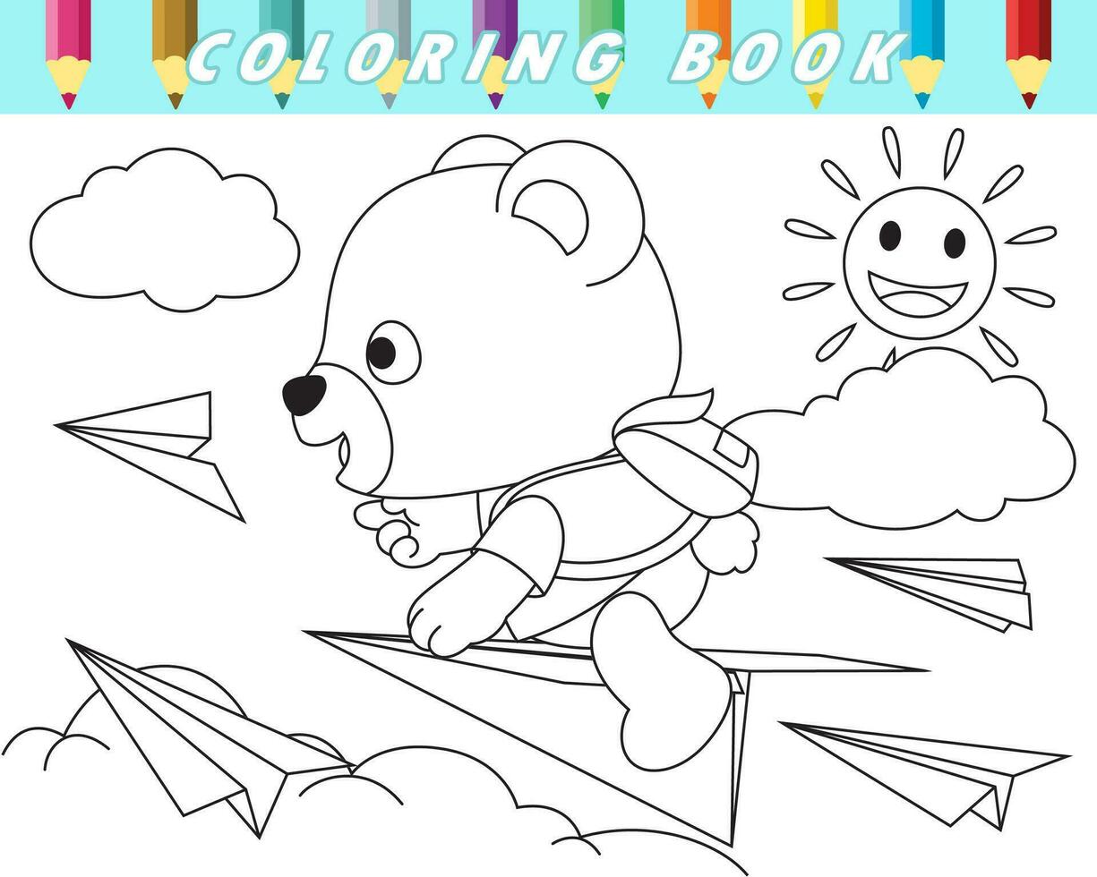 Färbung Buch von süß Teddy Bär fliegend auf Himmel mit Papier Ebene, Sonne hinter Wolken. Vektor Karikatur Illustration