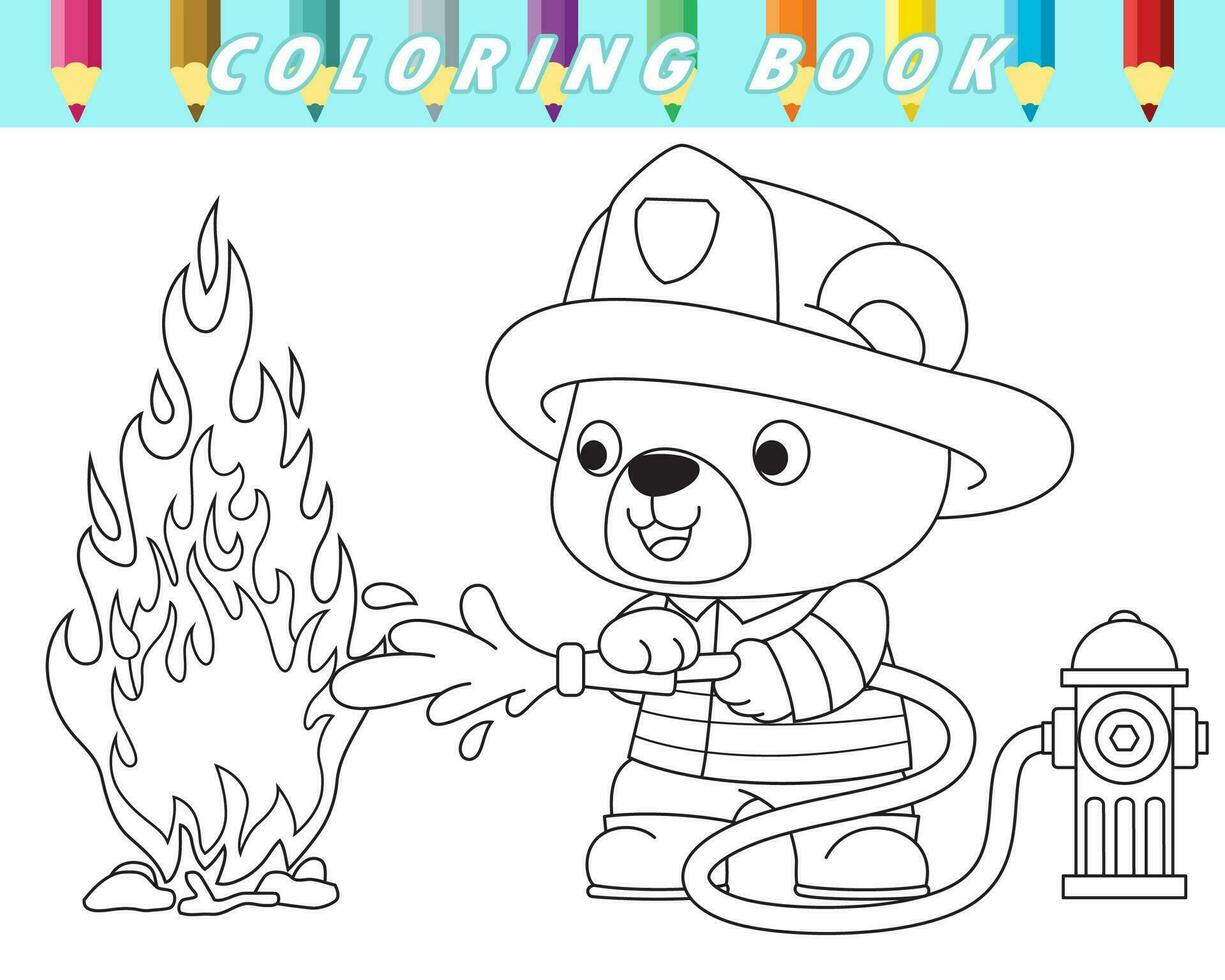 färg bok av söt teddy Björn i brandman kostym släcka flamma med brand slang. vektor tecknad serie illustration