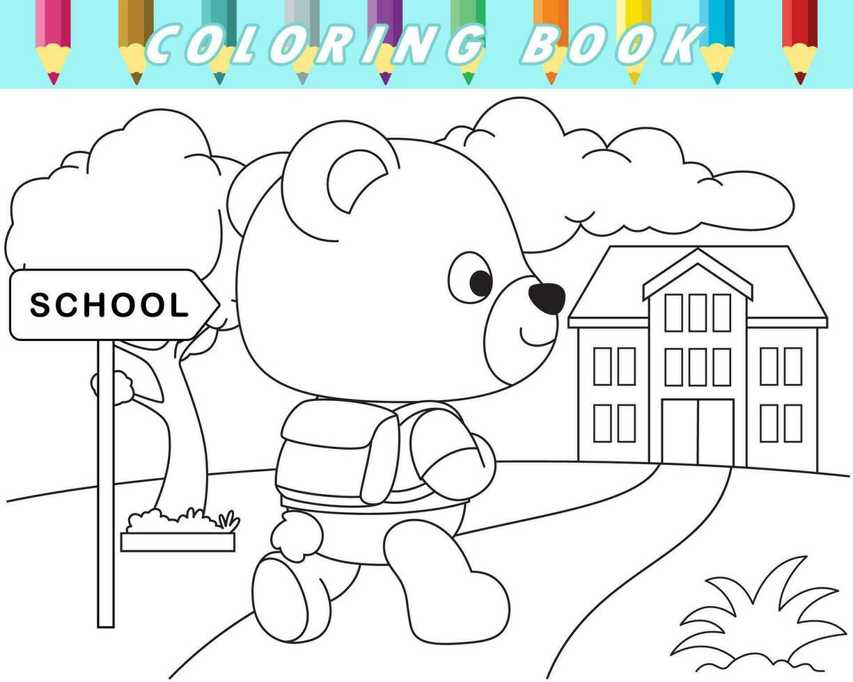Färbung Buch von süß Bär gehen zu Schule. Vektor Karikatur Illustration