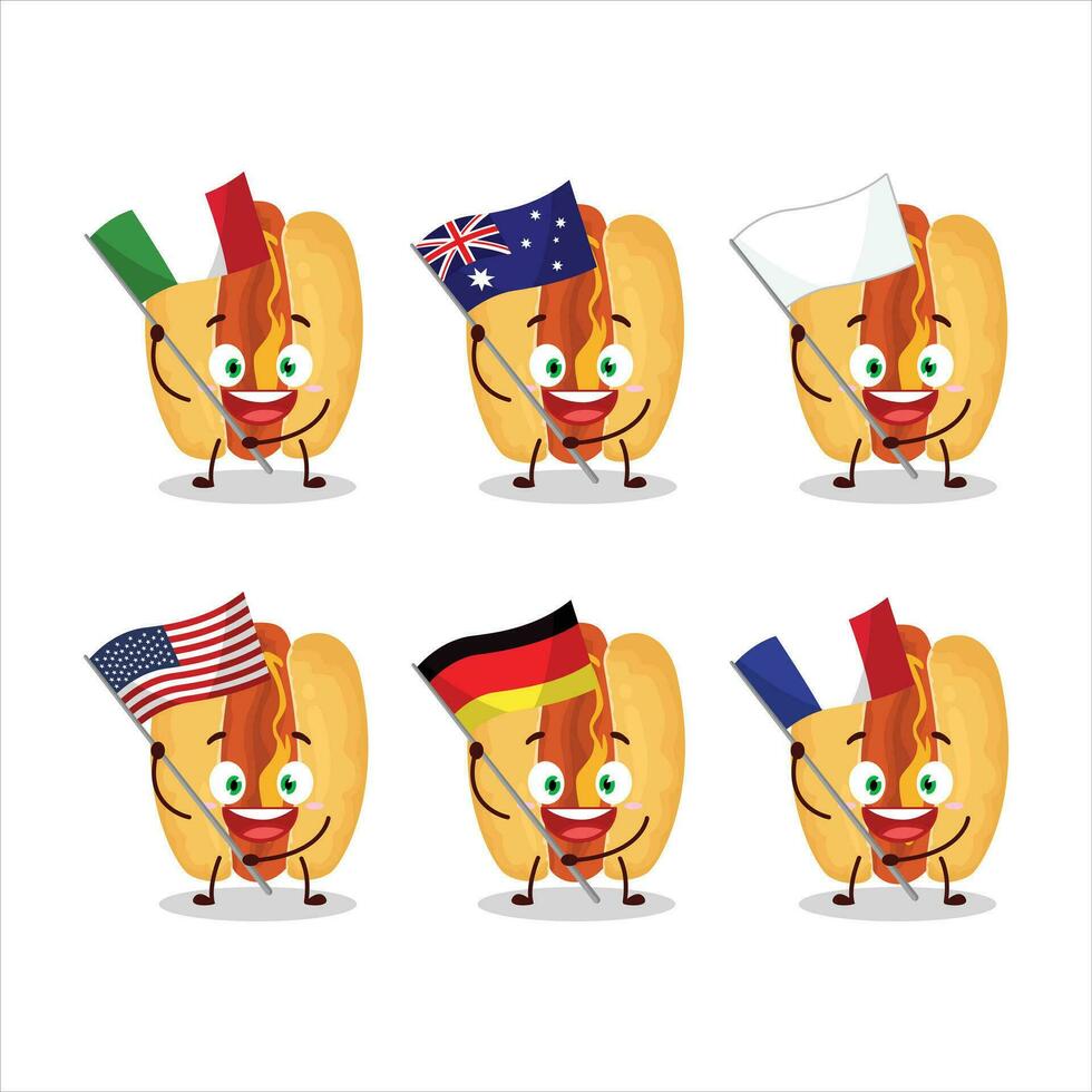 heiß Hunde Karikatur Charakter bringen das Flaggen von verschiedene Länder vektor
