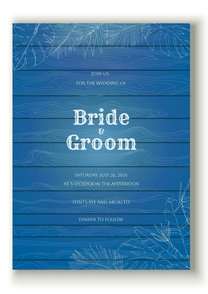 tropisk löv skiss översikt på blå trä textur bröllop inbjudan vektor