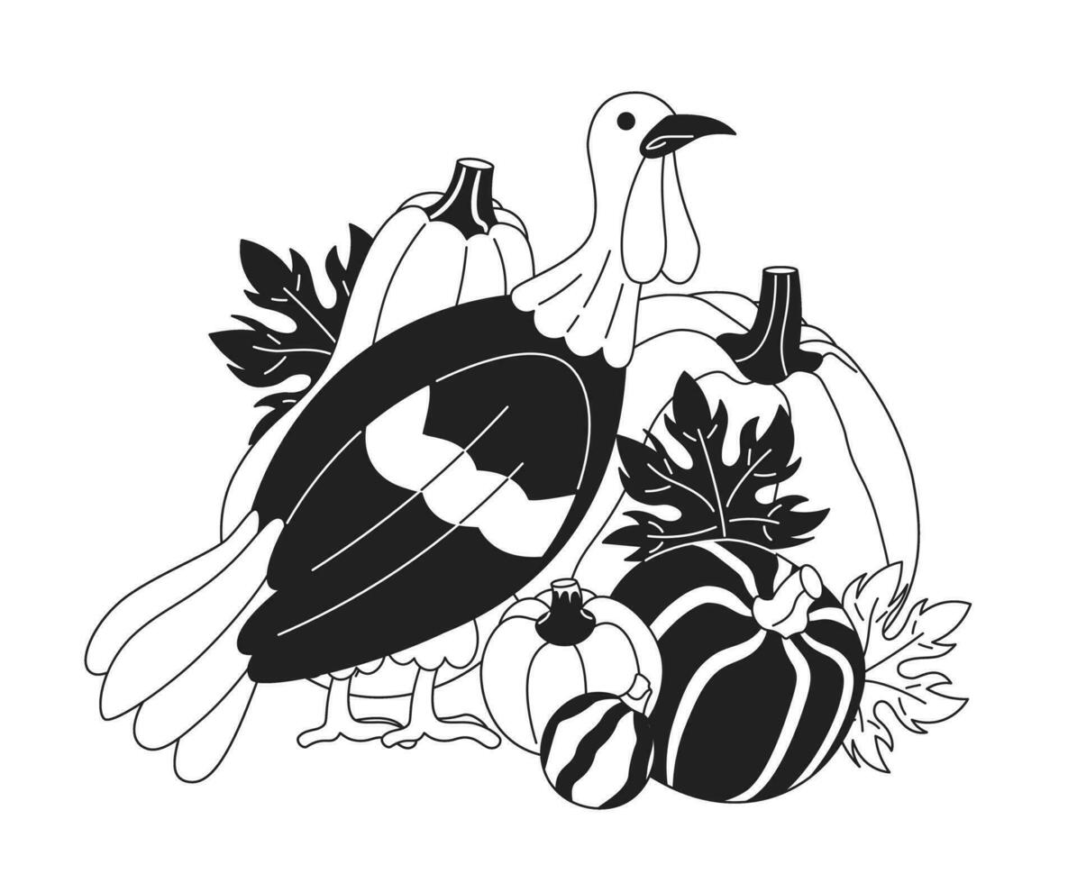 höst Kalkon pumpor svart och vit tecknad serie platt illustration. inhemsk fågel linjär 2d karaktär isolerat. tack ger dag. falla säsong. skörda festival enfärgad scen vektor bild