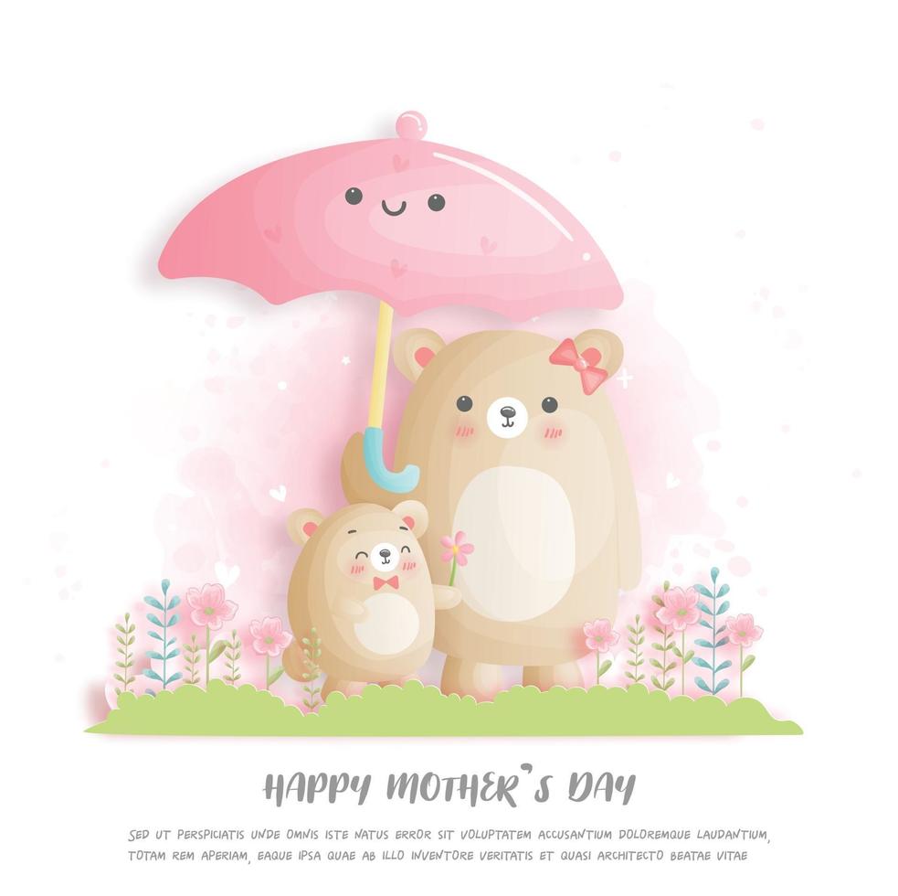 glad mors dag med söt björn mamma och barn vektor