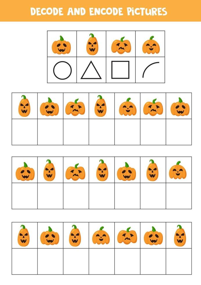 avkoda och koda bild. skriv symbolerna under halloween pumpor. vektor