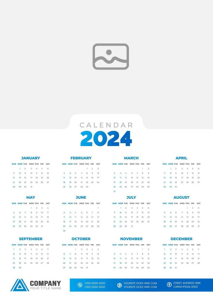 2024 vägg kalender vektor illustration. vecka börjar på söndag, enkel planerare design mall, 2024 år företags- företag kalender design mall. använda sig av till vägg, skrivbord eller företag planerare kalender.