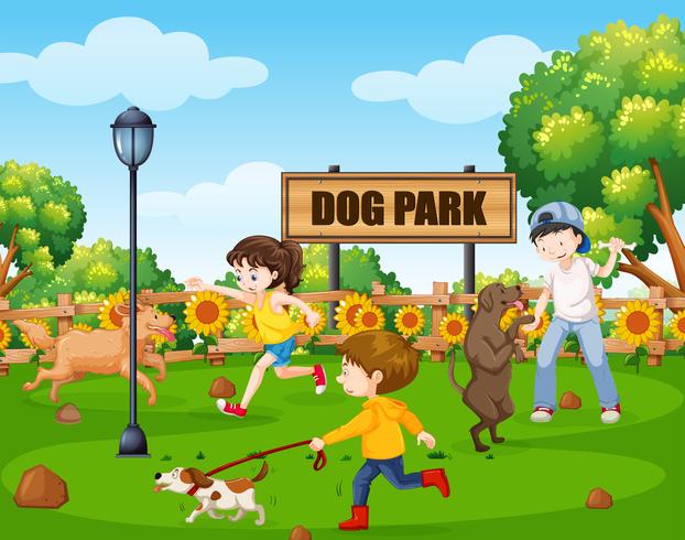 Hundpark med människor och deras husdjur vektor