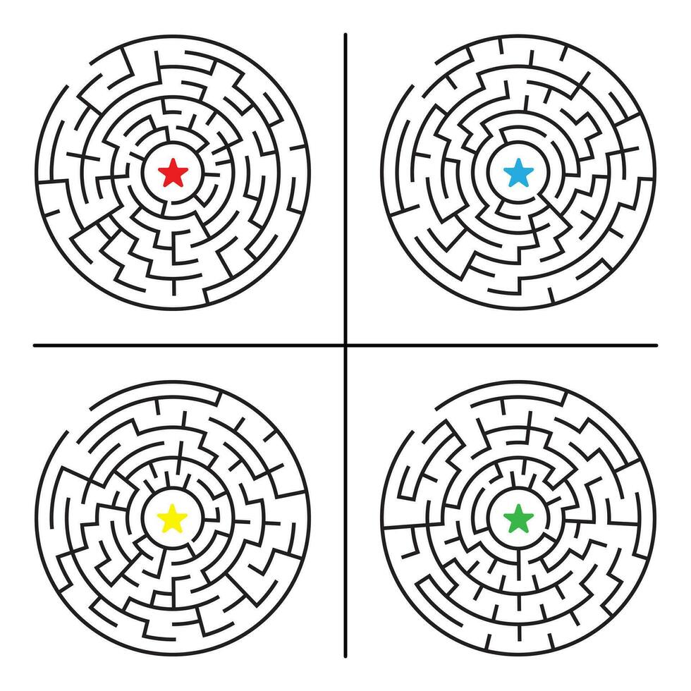 einstellen von vier Kreis Matze Puzzle Spiel, geometrisch Labyrinth Vektor Illustration.