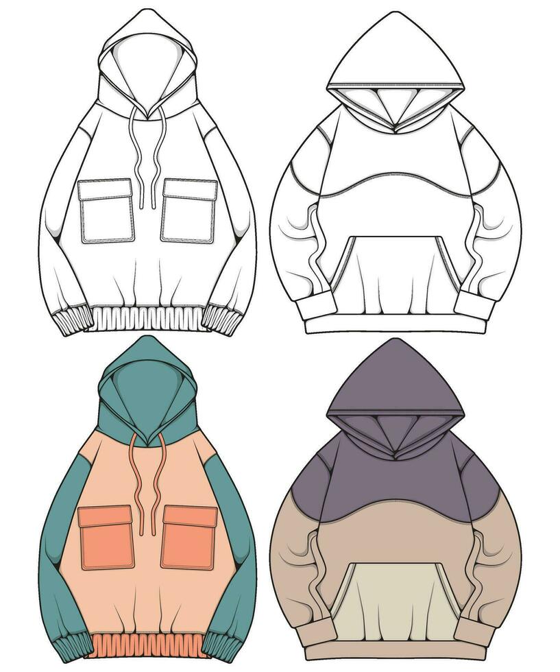 übergroß Kapuzenpullover technisch Mode Illustration mit entspannt fit, lange Ärmel. eben Oberbekleidung Jumper bekleidung Vorlage. Frauen, Männer, unisex Sweatshirt oben Attrappe, Lehrmodell, Simulation vektor