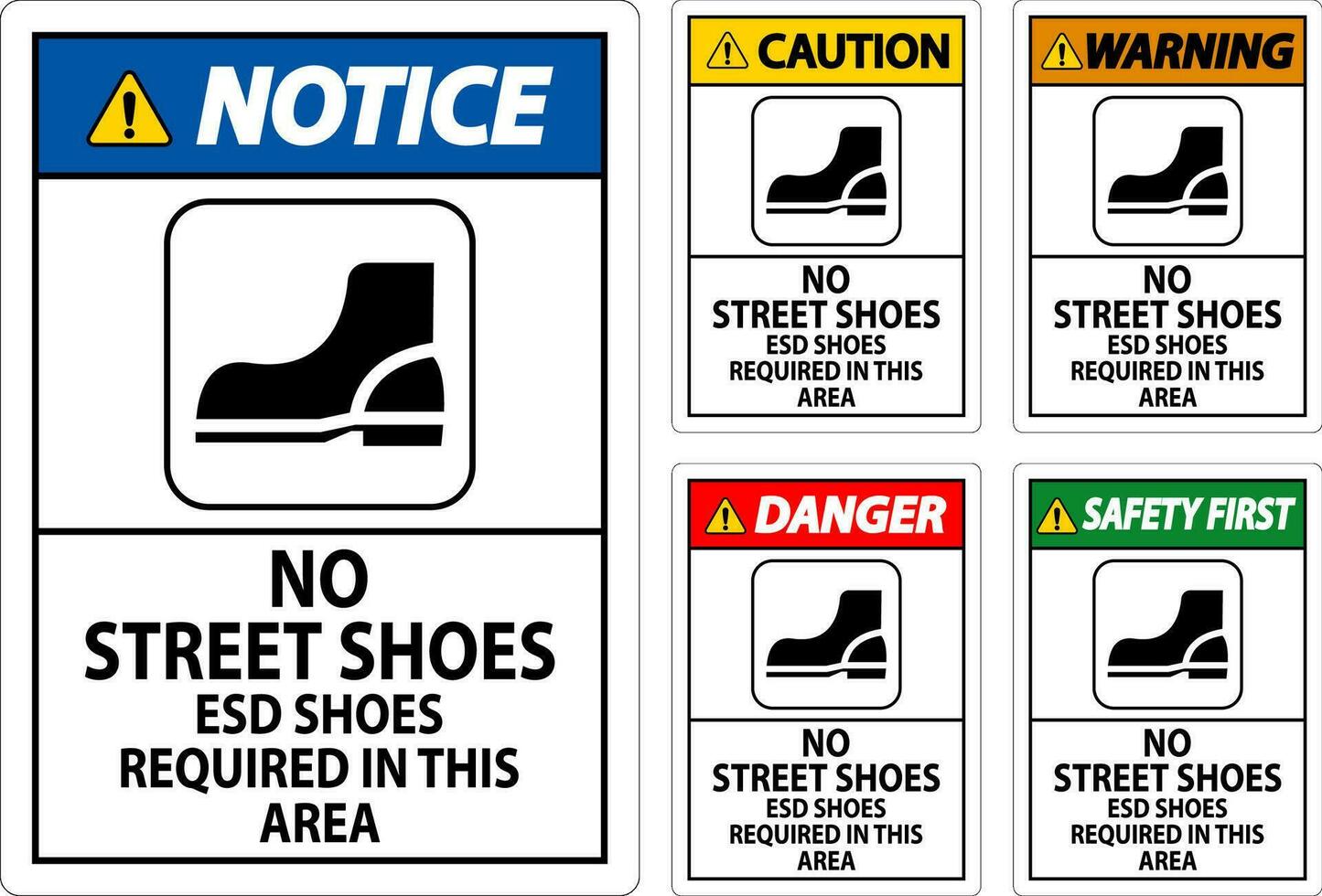 lägga märke till tecken Nej gata skor, esd skor nödvändig i detta område vektor
