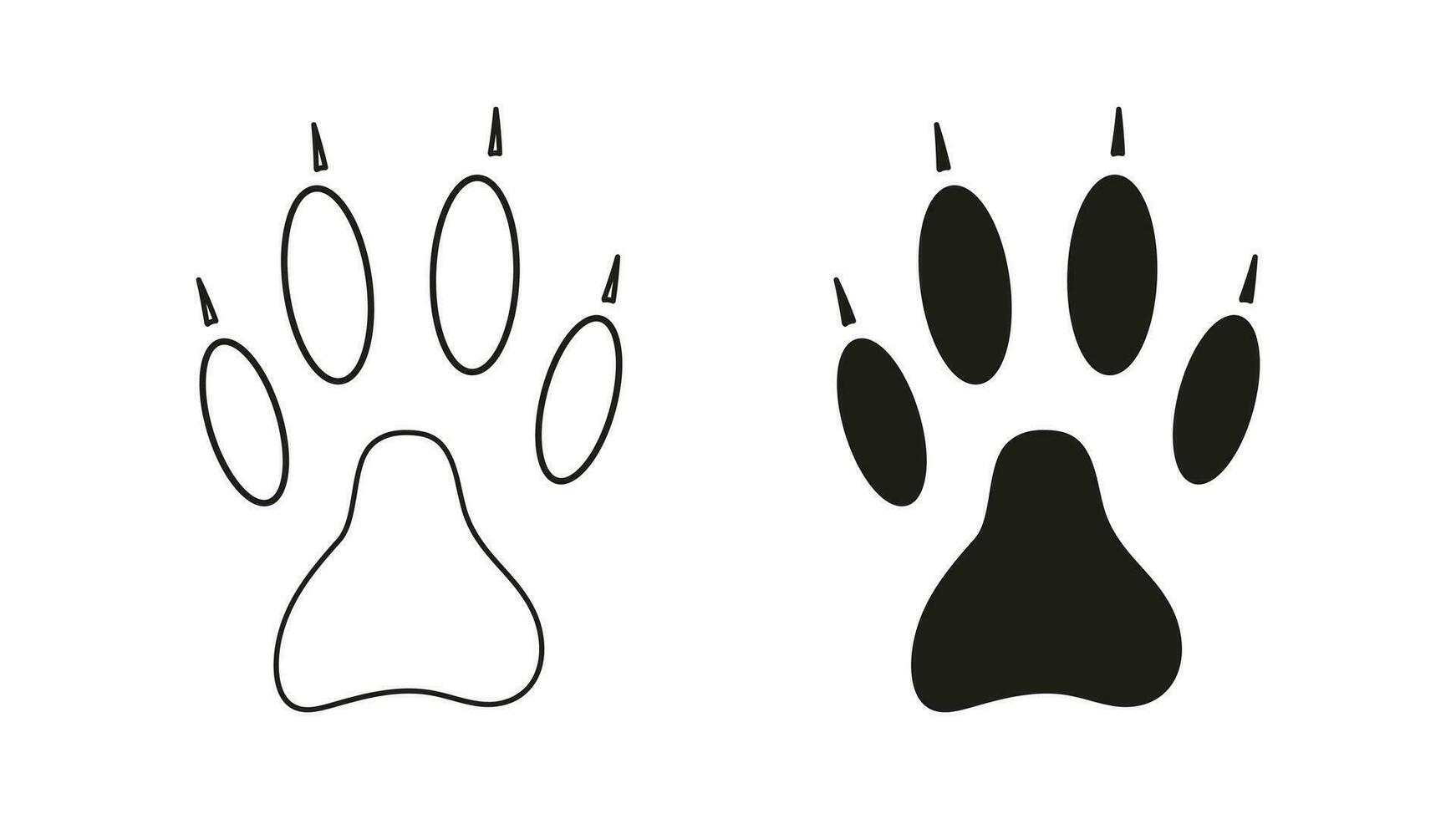 Hund, Wolf, Kojote oder Fuchs Pfote Fußabdruck mit Krallen. Silhouette, Kontur. Symbol. schwarz Vektor isoliert auf Weiß. Pfote drucken von ein wild Tier, Schakal, Bulldogge, Schäfer, Stier Terrier, Retriever, Rottweiler
