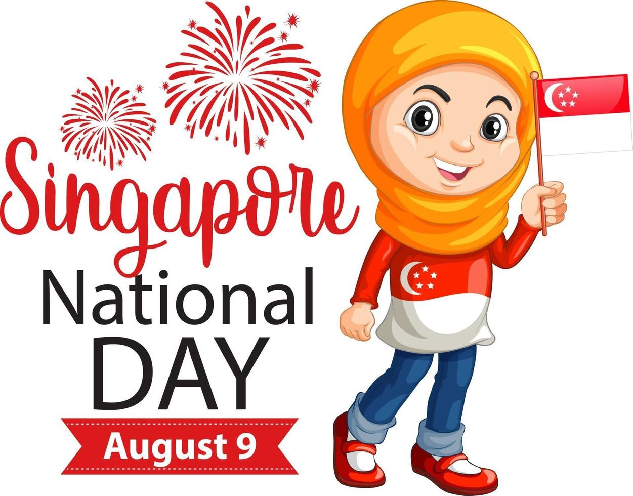 singapore nationaldag banner med en muslimsk tjej håller singapore flagga vektor