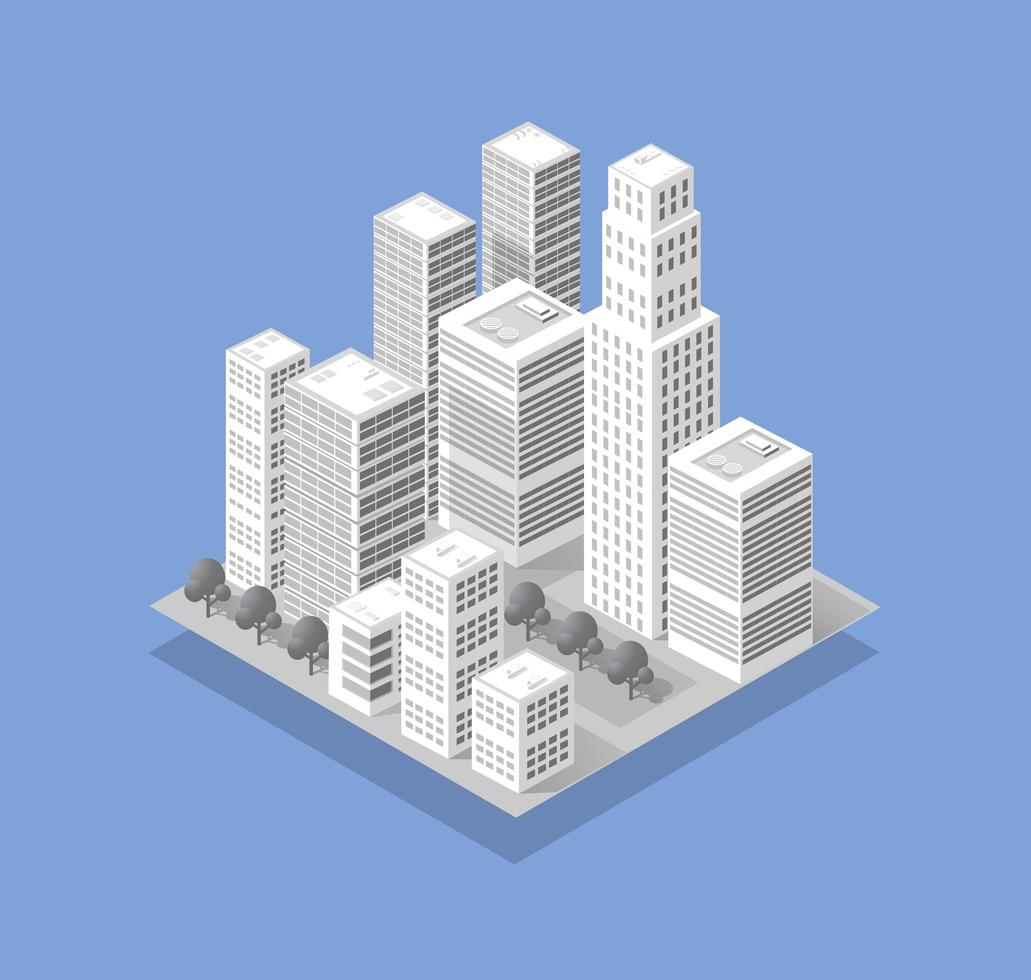 die isometrische 3d-stadt mit wolkenkratzer aus städtischem gebäude vektor