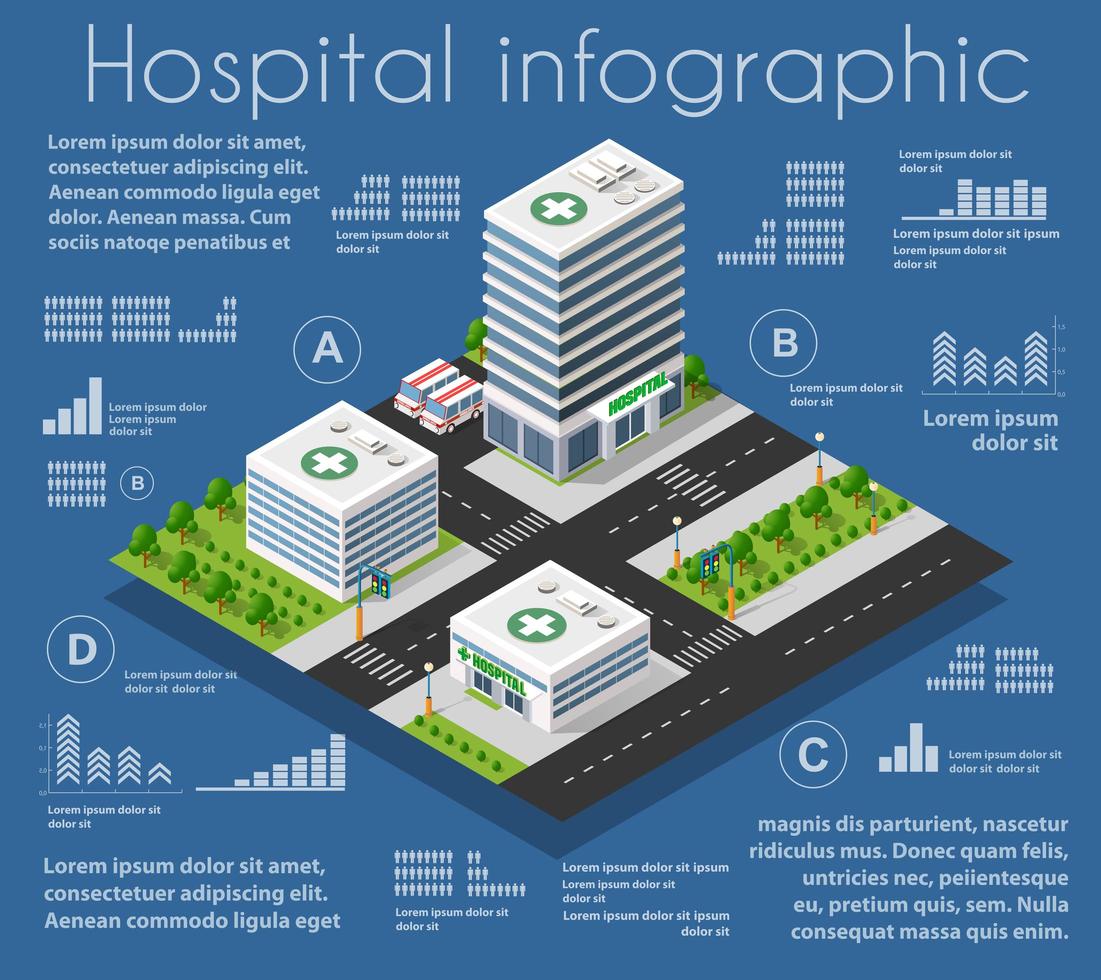 Krankenhaus-Infografiken, Diagramm, Statistiken isometrisches 3D-Gebäude vektor