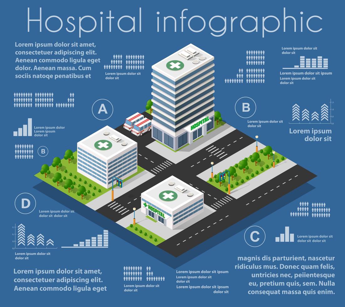 sjukhusinfografik, diagram, statistik isometrisk 3d-byggnad vektor