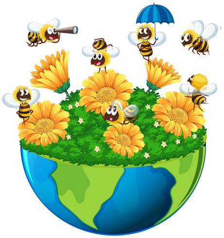 Bienen fliegen in den Garten auf der Erde vektor