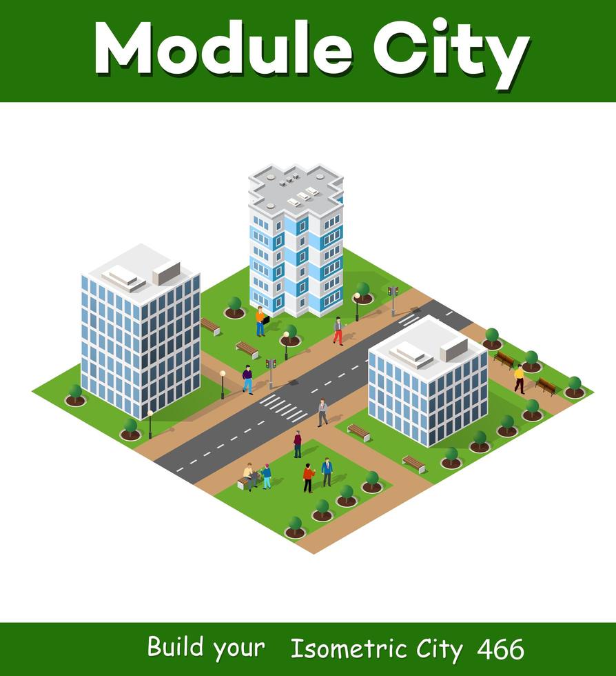 Isometriskt stadslandskap 3d av hus, trädgårdar och gator vektor