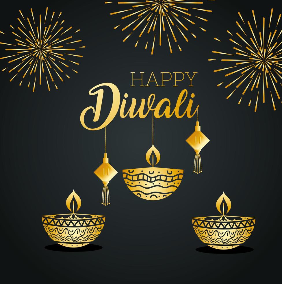 Happy Diwali mit Diya-Kerzen-Feuerwerk und Glückshänger-Vektor-Design vektor