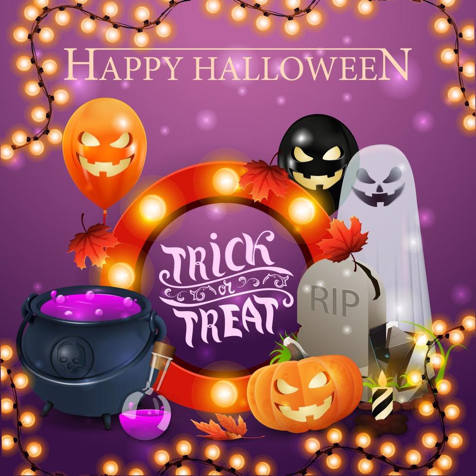 lycklig halloween, ljuslila vykort med ett spöke, jack pumpa, ballonger, gravsten, krans, häxkittel och dryck. vektor