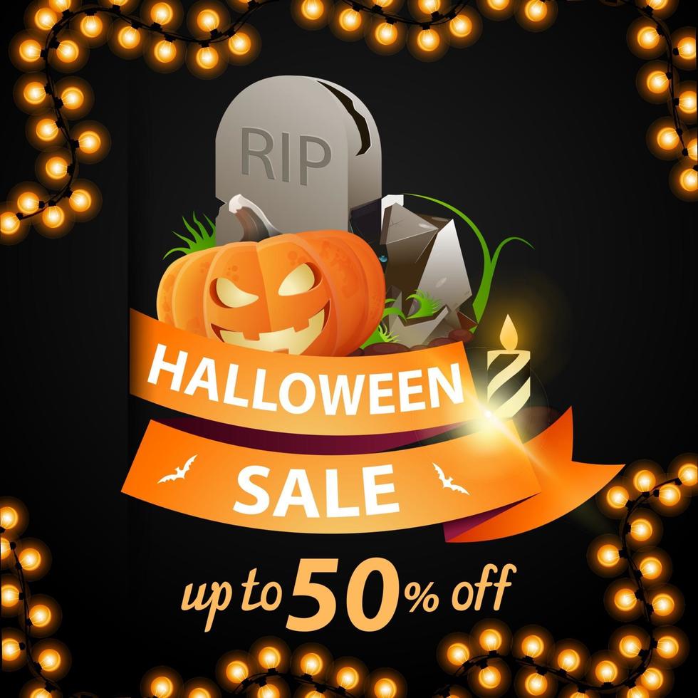 halloween försäljning och rabatt vecka, rabatt banner med orange band, upp till 50 rabatt, band med gravsten och pumpa jack vektor